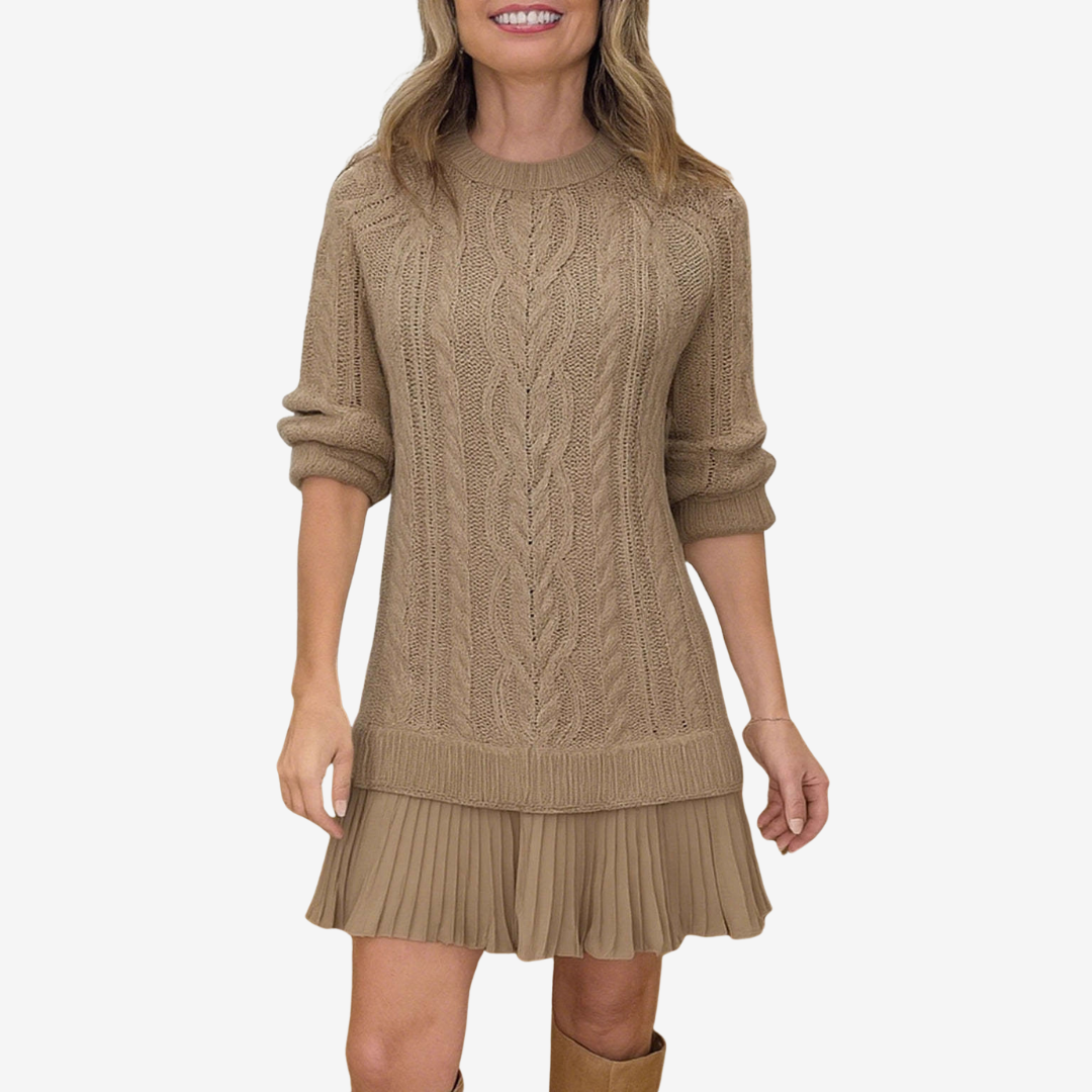 Women's Elegant Cable Knit Mini Dress with Pleated Skirt Hem and Classic
