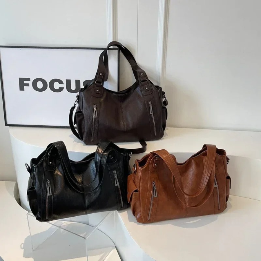 Women's Vegan Leather Shoulder Tote with Zip Pockets