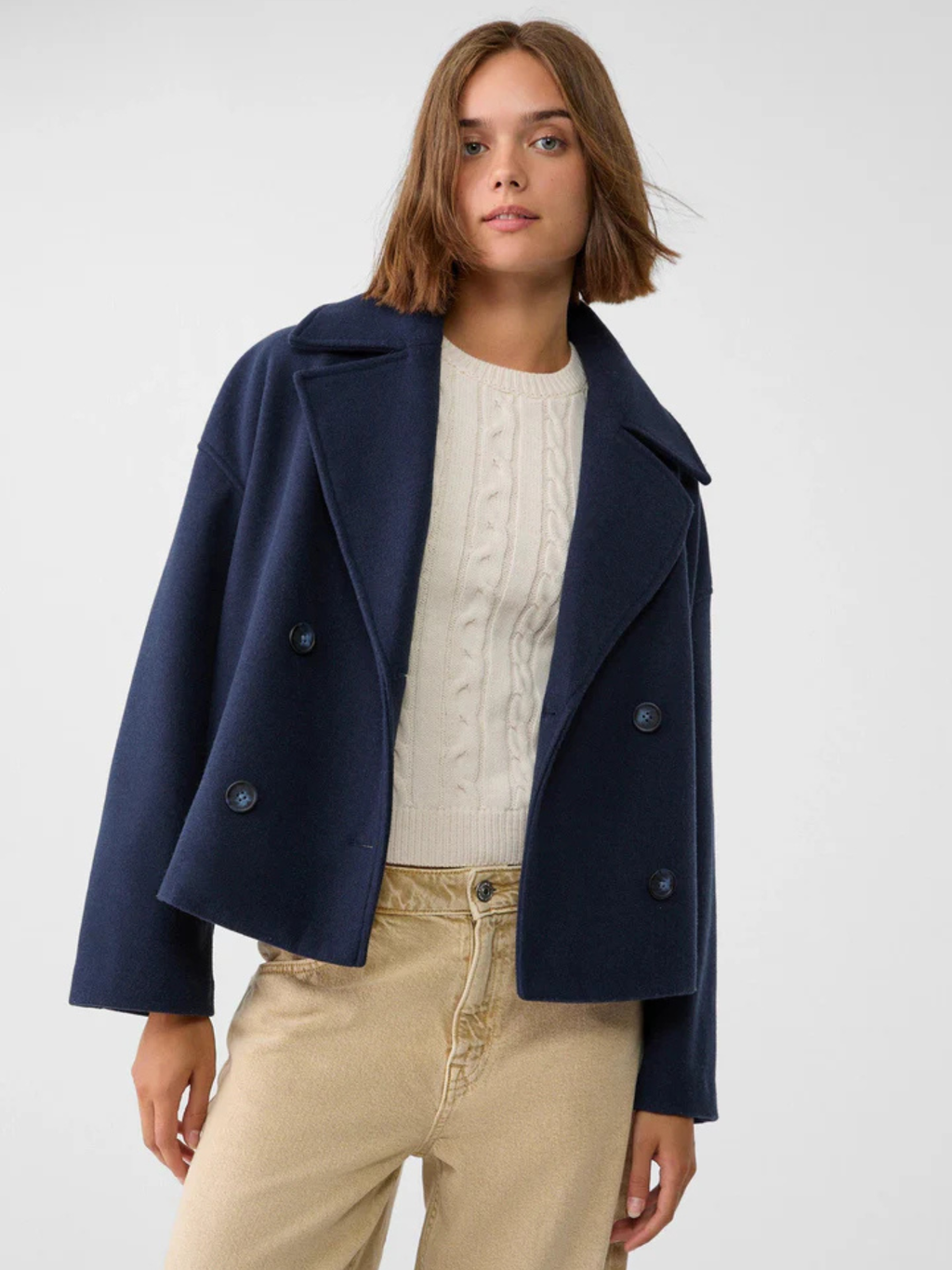 Cropped Double-Breasted Wool-Blend Jacket with Wide Collar