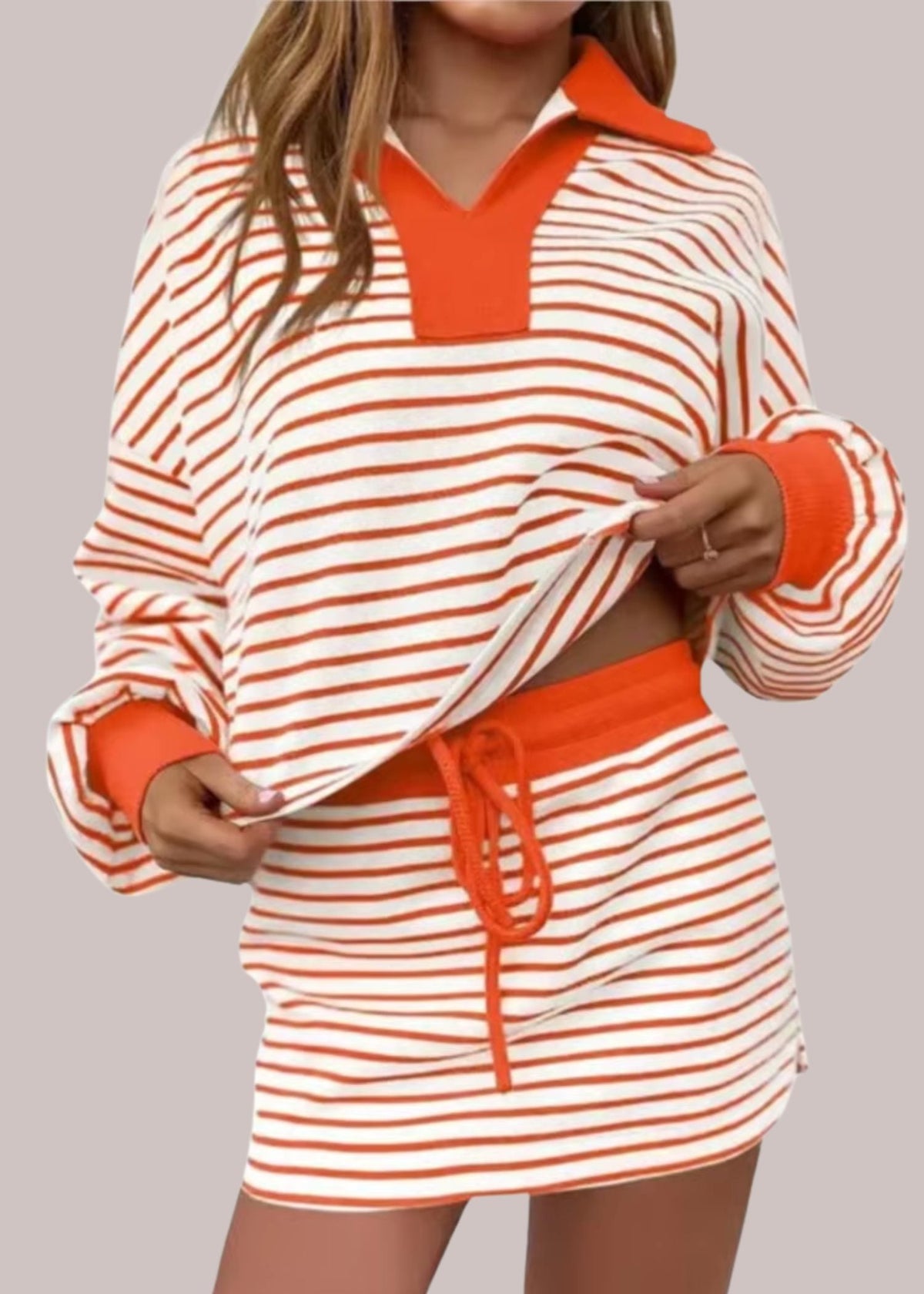 Women's Relaxed Long Sleeve Polo Top and Drawstring Skort Set