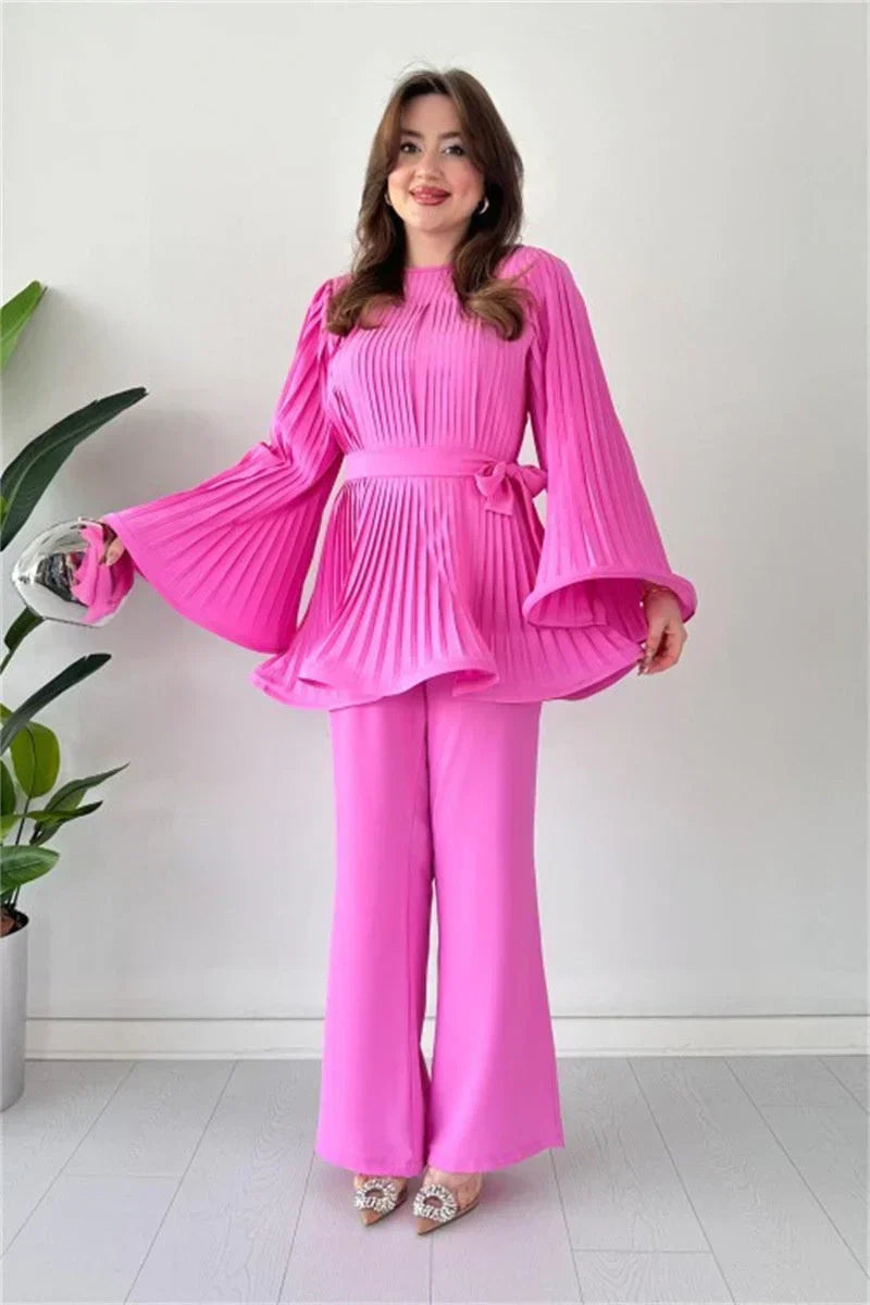 Women's Pleated Long-Sleeve Tunic and Wide-Leg Trousers Set with Tie Waist