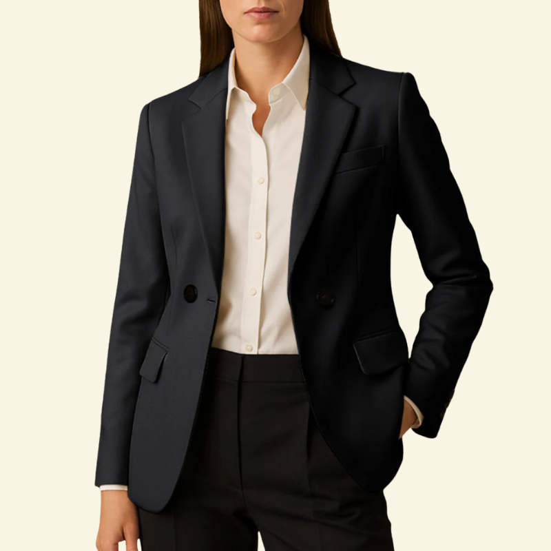Women's Tailored Notch Lapel Blazer with Decorative Buttons and Flap