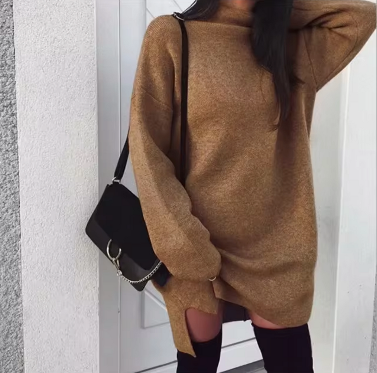 Women's wool-blend and soft-knit Sweater Dress with High Neck and Side