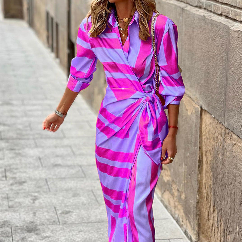 Striped Cardigan Lace-Up Dress with Straight Midi Skirt Printed | Meave & Ivy