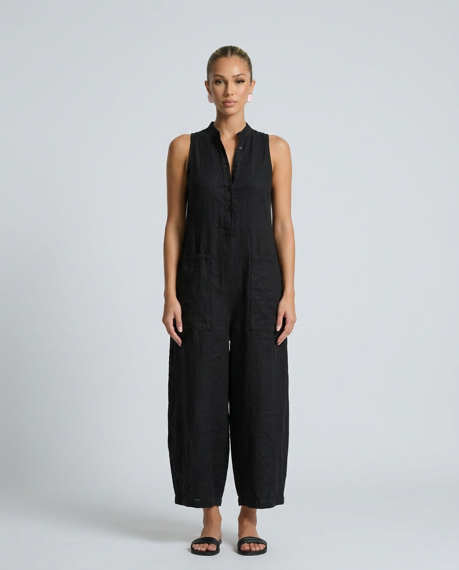 Linen-Blend Sleeveless Loose Jumpsuit