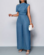 Women's Asymmetric One-Shoulder Wide-Leg Jumpsuit with Defined Waist
