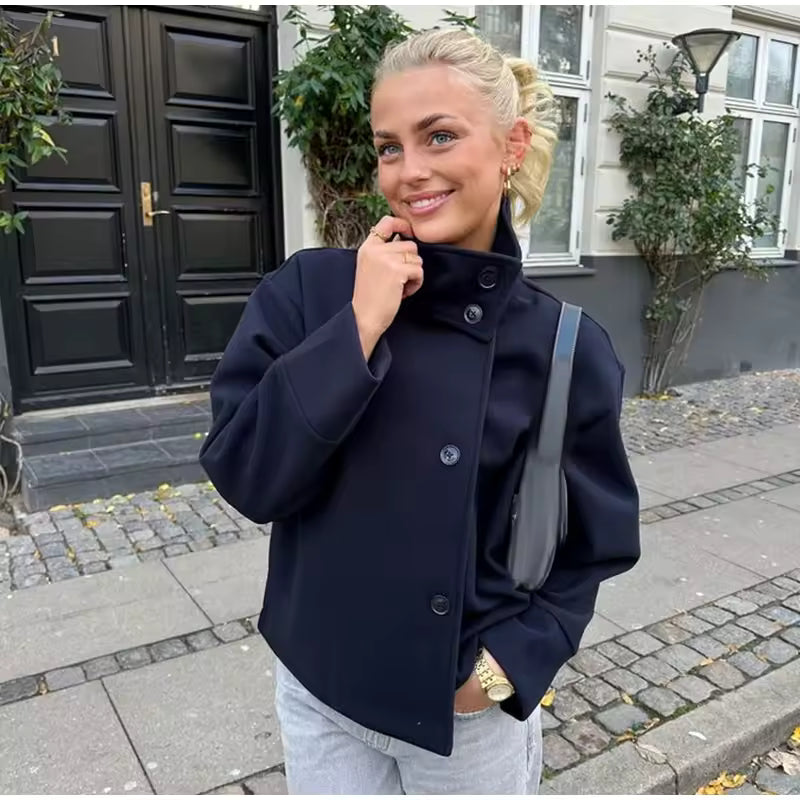 Peacoat Winter Jacket with High Collar – Short Minimalist Coat