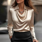 Satin Waterfall Neck Blouse with Long Sleeves – Draped Cowl Blouse
