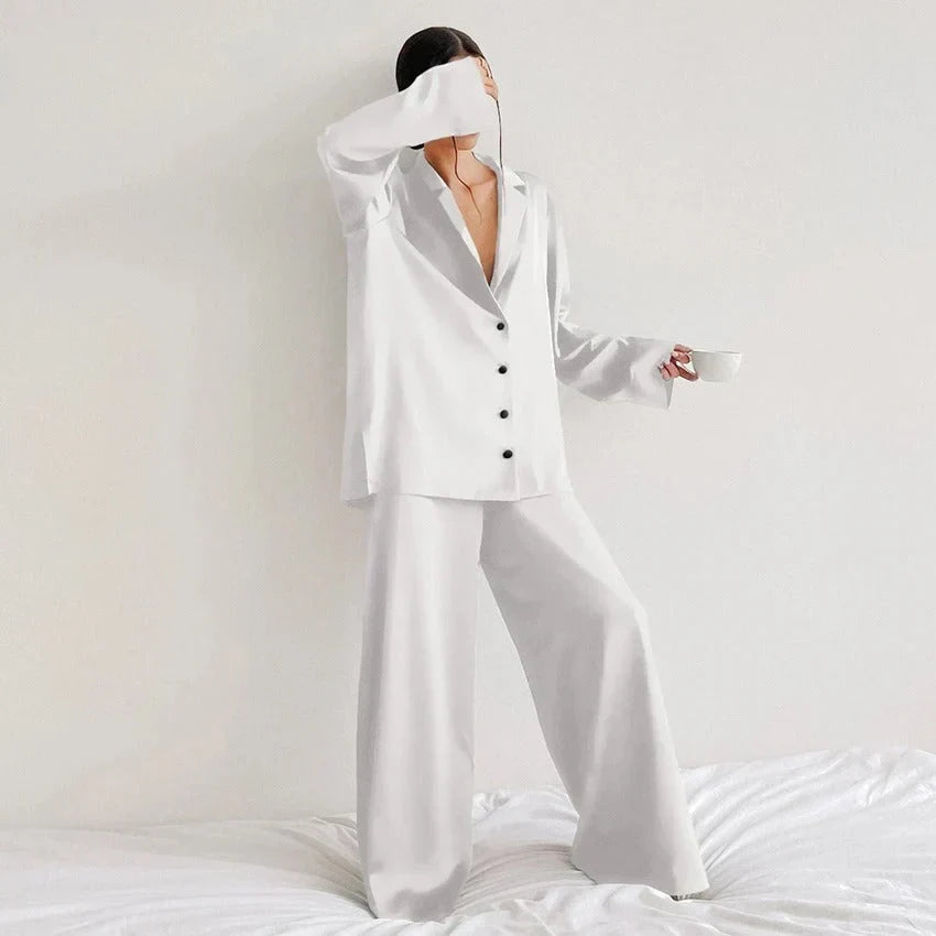 Women's Relaxed Pyjama Co-Ord Set – Button-Up Long-Sleeve Shirt