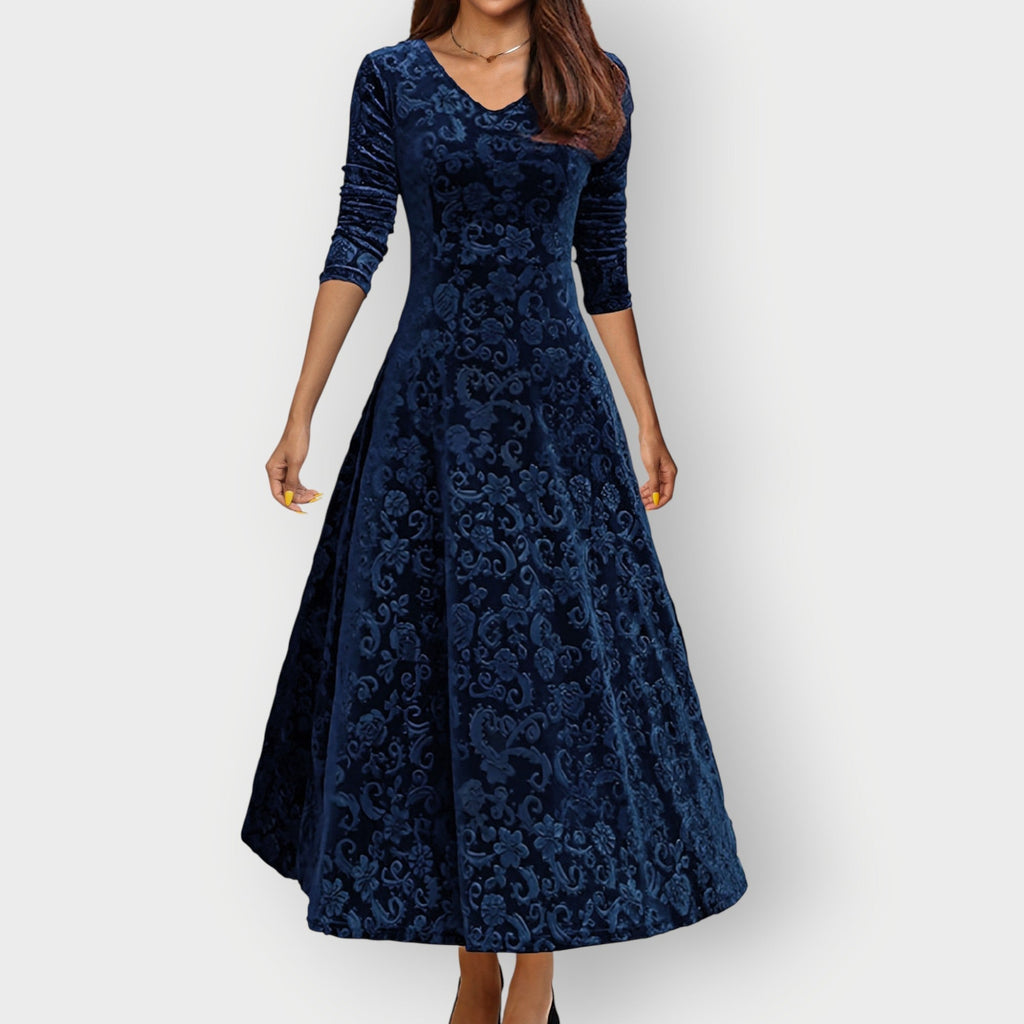 Velvet Jacquard Midi Dress V-Neck Flared | Meave & Ivy