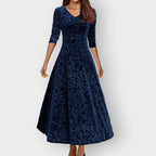 Velvet Jacquard Midi Dress V-Neck Flared | Meave & Ivy