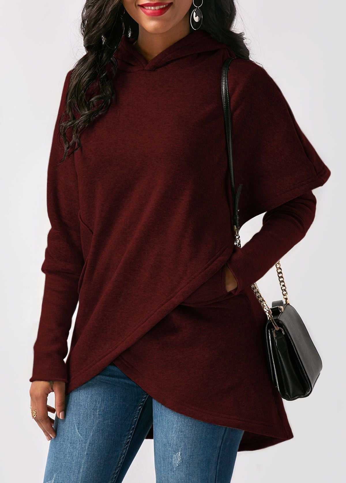 Women's Asymmetric Longline Hoodie – Layered Wrap-Front Style