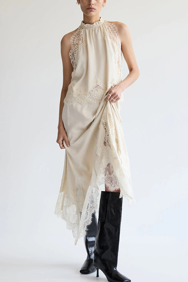 Satin Lace-Trim Top & A-Line Slit Skirt Set