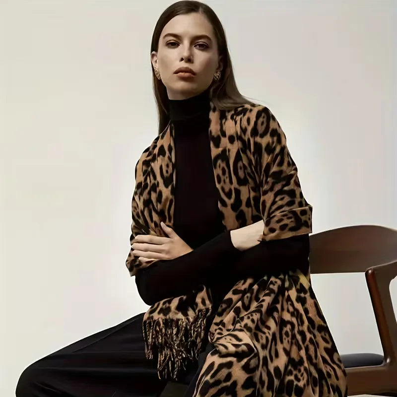 Leopard Print Winter Scarf with Fringes – Bohemian Blanket Scarf