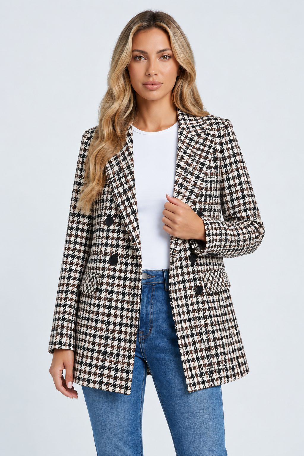 Longline Double-Breasted Check Blazer