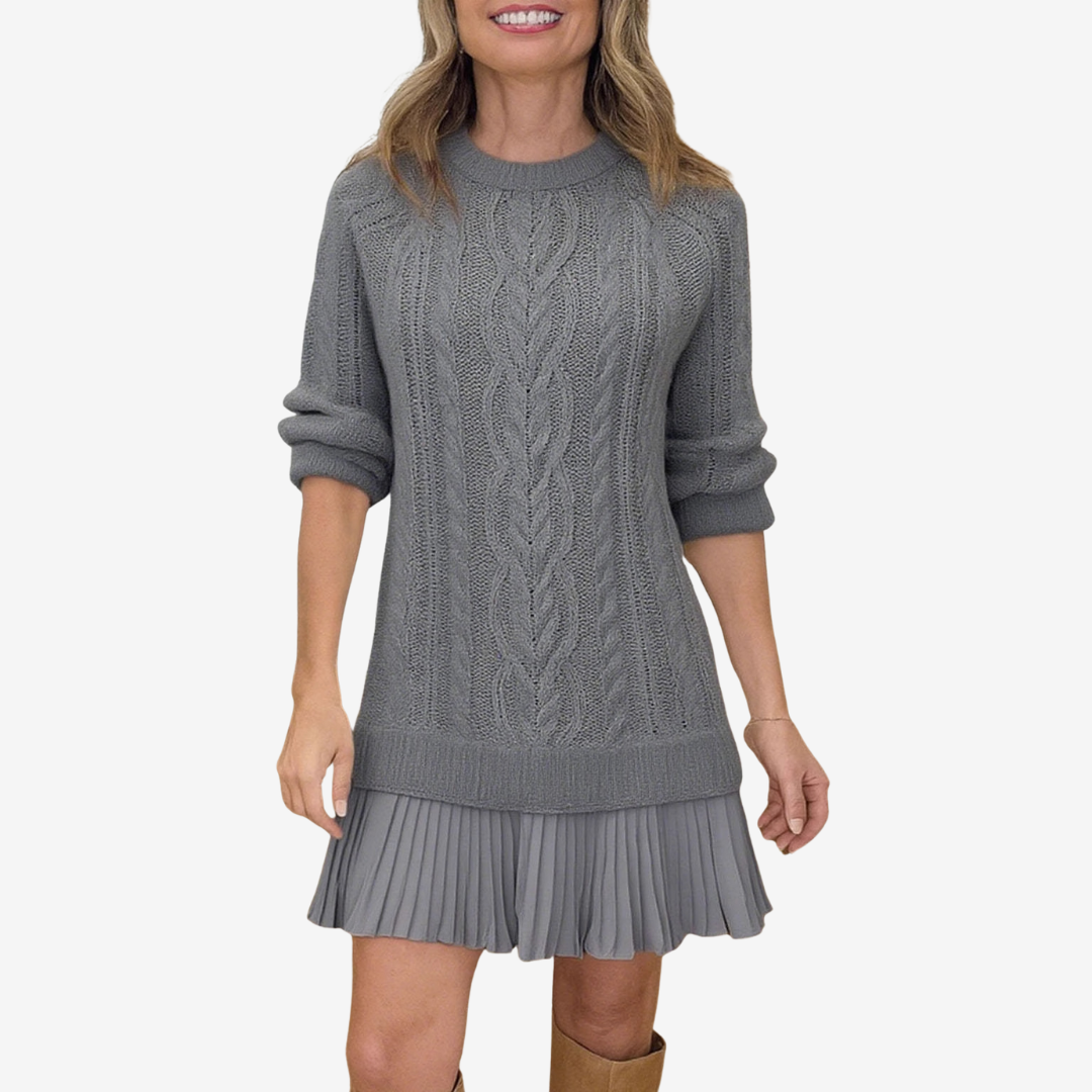 Women's Elegant Cable Knit Mini Dress with Pleated Skirt Hem and Classic