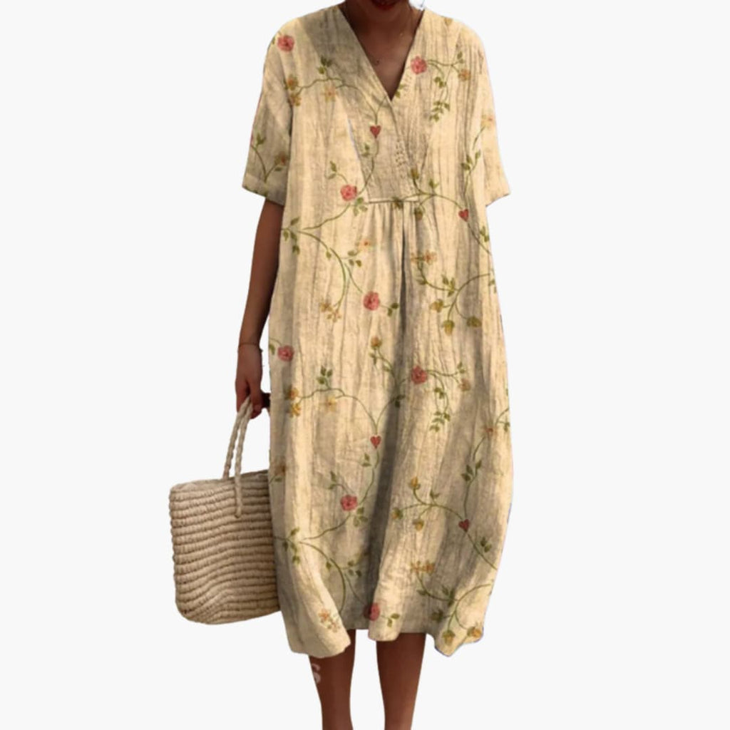 Floral V Neck Short Sleeve Oversized Casual Midi Dress