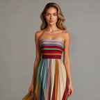 Strapless Multicolour Striped Pleated Maxi Dress