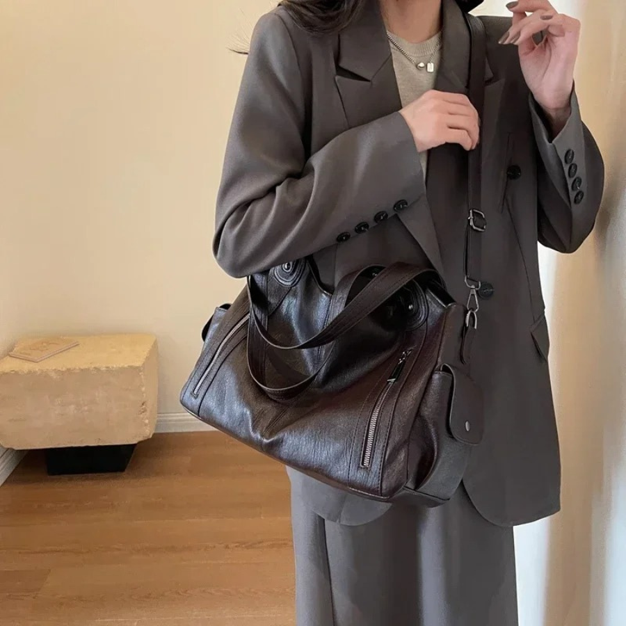 Women's Vegan Leather Shoulder Tote with Zip Pockets