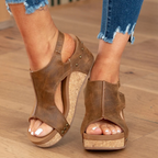 Suede Peep-Toe Cork Wedge Sandals