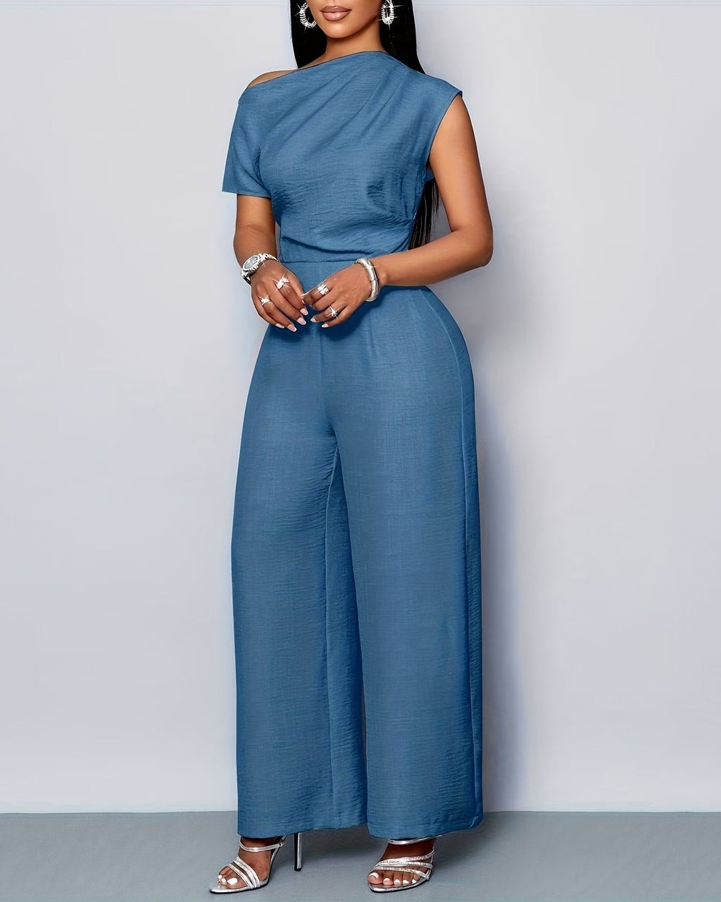 Women's Asymmetric One-Shoulder Wide-Leg Jumpsuit with Defined Waist