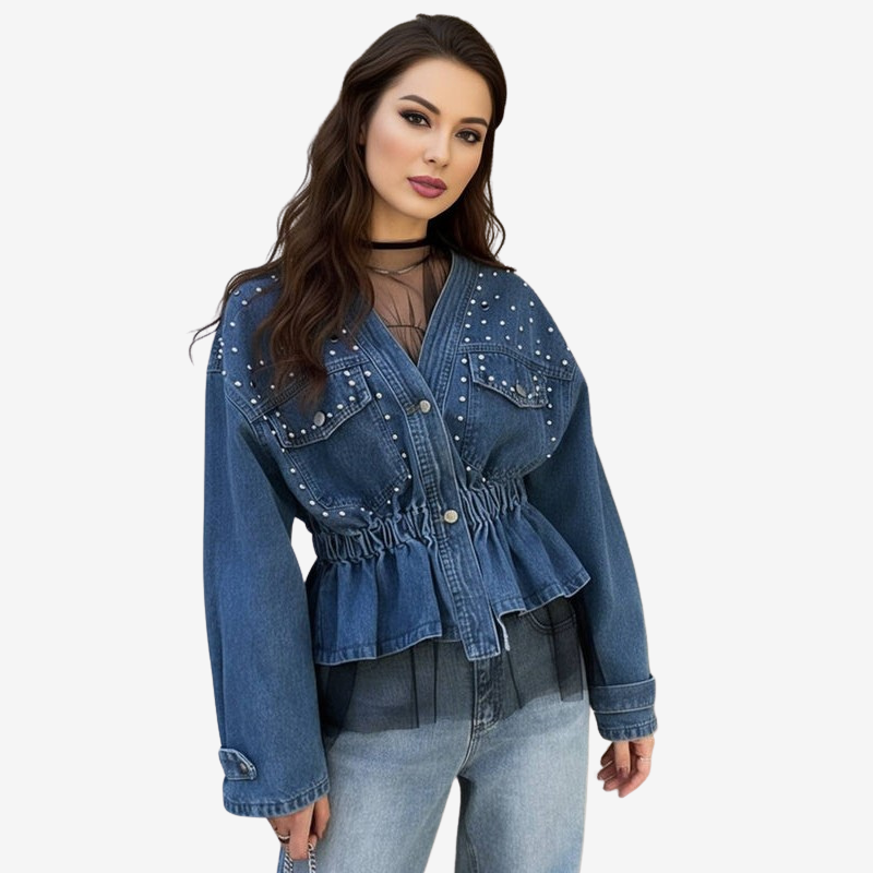 Women's Studded Denim Peplum Jacket with Button Front and Gathered Waist