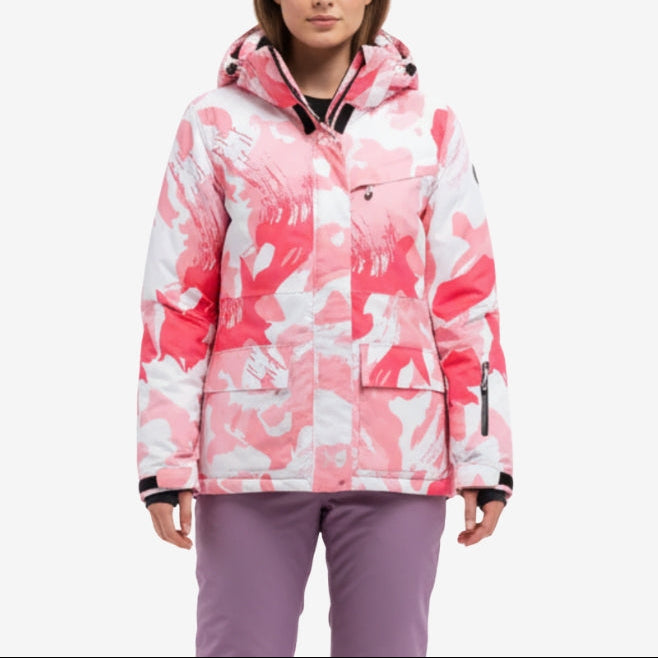 Women's Abstract Print Hooded Puffer Jacket with High Collar and Zip Front