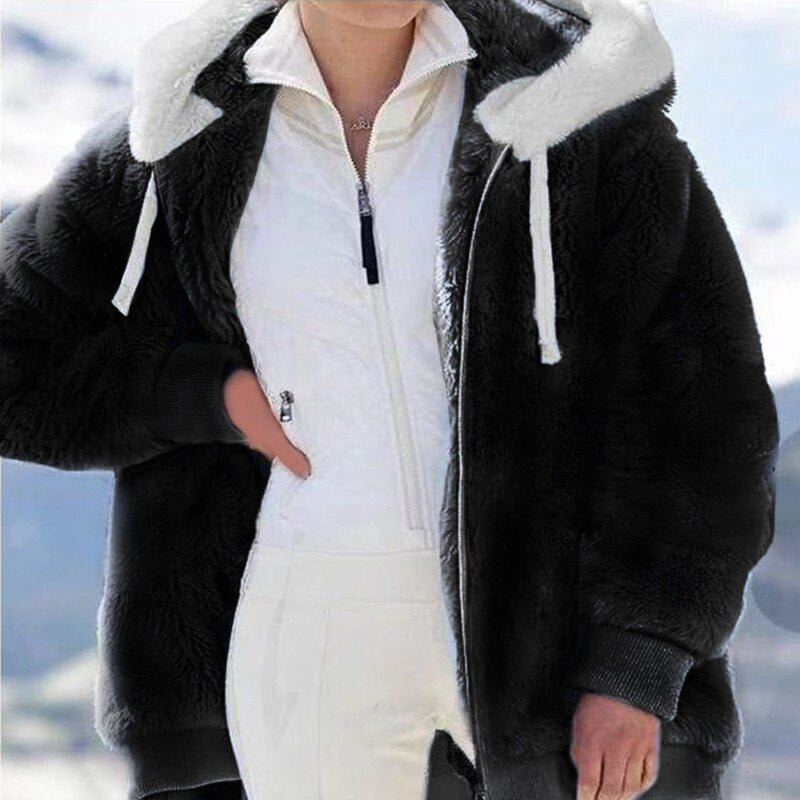 Women's Plush Hooded Winter Jacket – Soft Oversized Zip-Up Layer