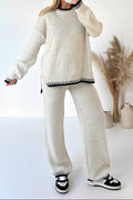 Women's Knitted Sweater and Wide-Leg Trouser Set with Contrast Ribbed Trims