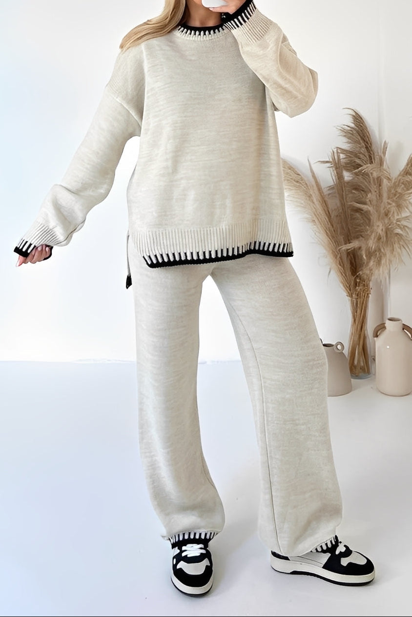 Women's Knitted Sweater and Wide-Leg Trouser Set with Contrast Ribbed Trims