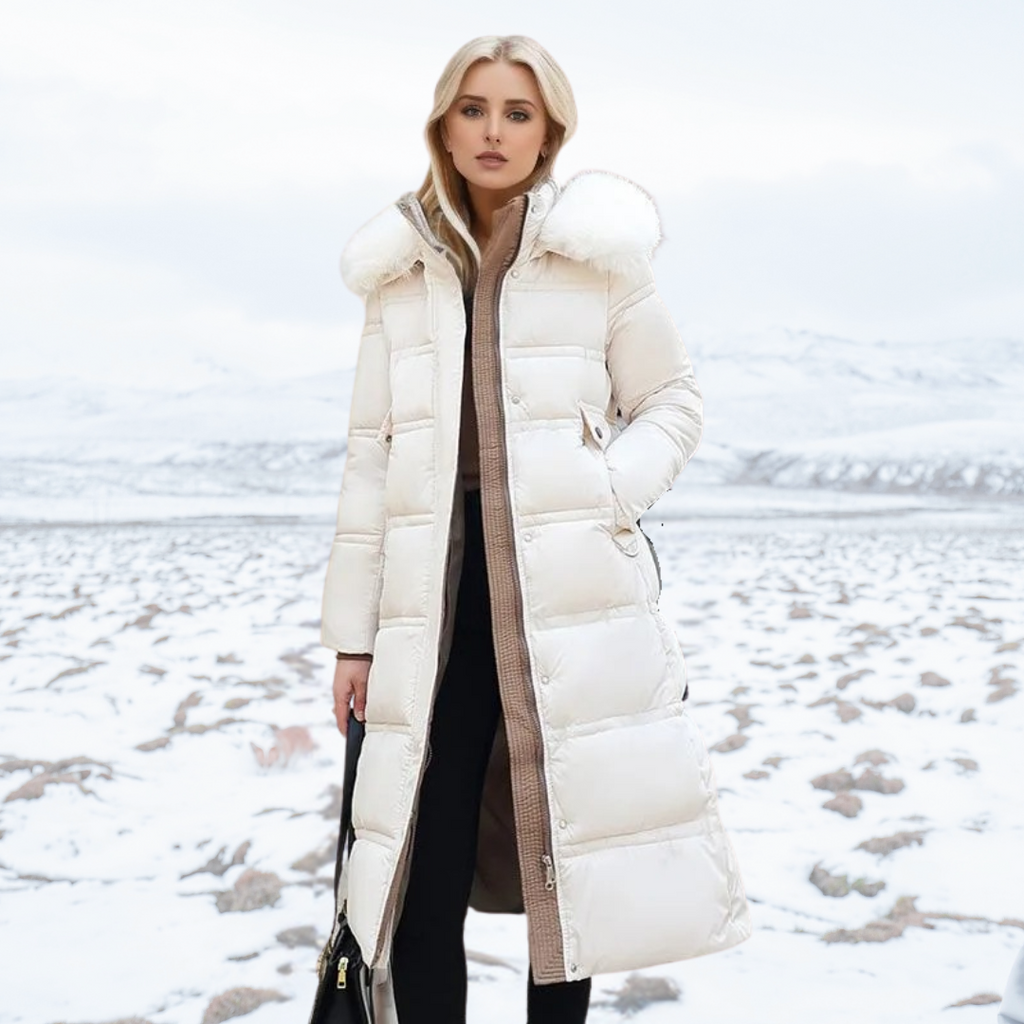 Women's Belted Long Puffer Coat – Faux-Fur Collar Padded Winter Style