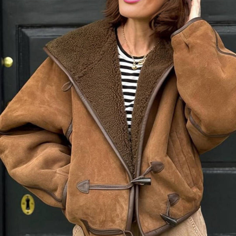 Women's Suede-Look Teddy-Lined Hooded Jacket with Toggle Fastenings