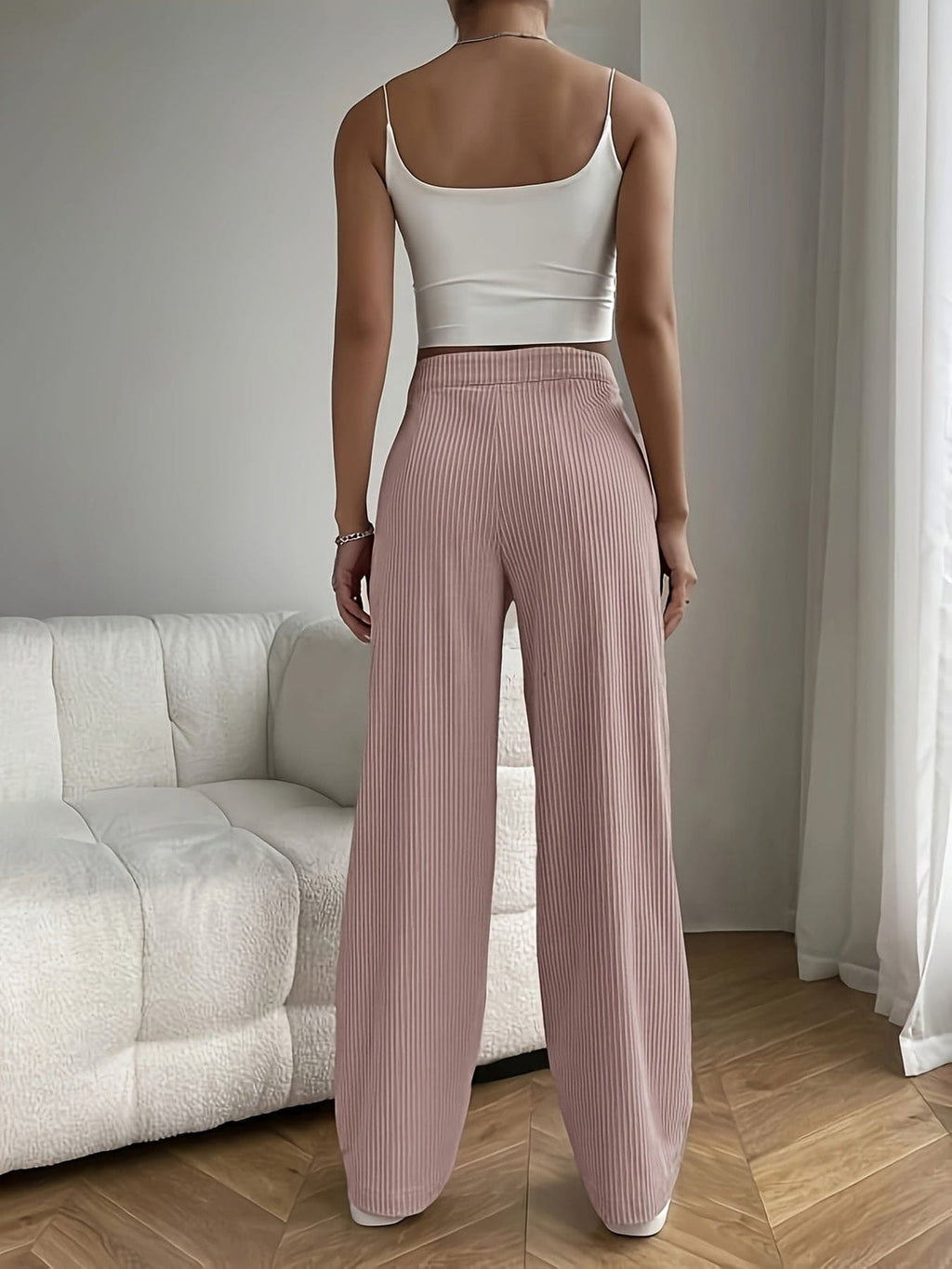 Women's High-Waisted Corduroy Wide-Leg Trousers – Relaxed Full-Length Ribbed Style for Autumn Winter Casual Days Travel and Everyday Wear