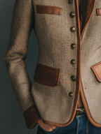 Tweed Jacket with Leather-Trim Pockets - Vintage Style