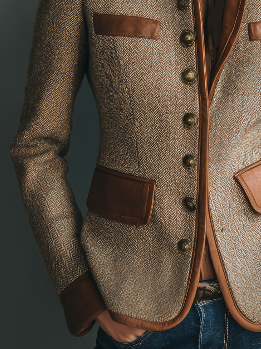 Tweed Jacket with Leather-Trim Pockets - Vintage Style