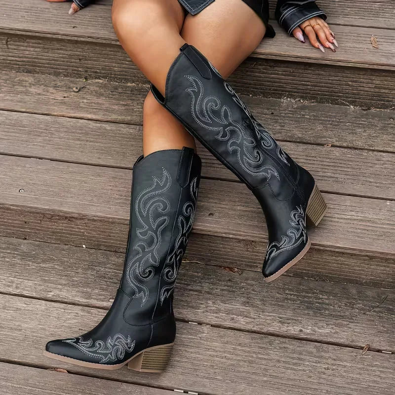 Knee High Embroidered Cowboy Boots with Pointed Toe