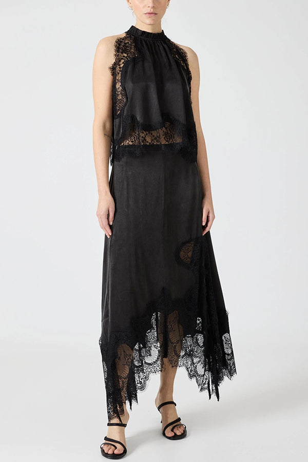 Satin Lace-Trim Top & A-Line Slit Skirt Set