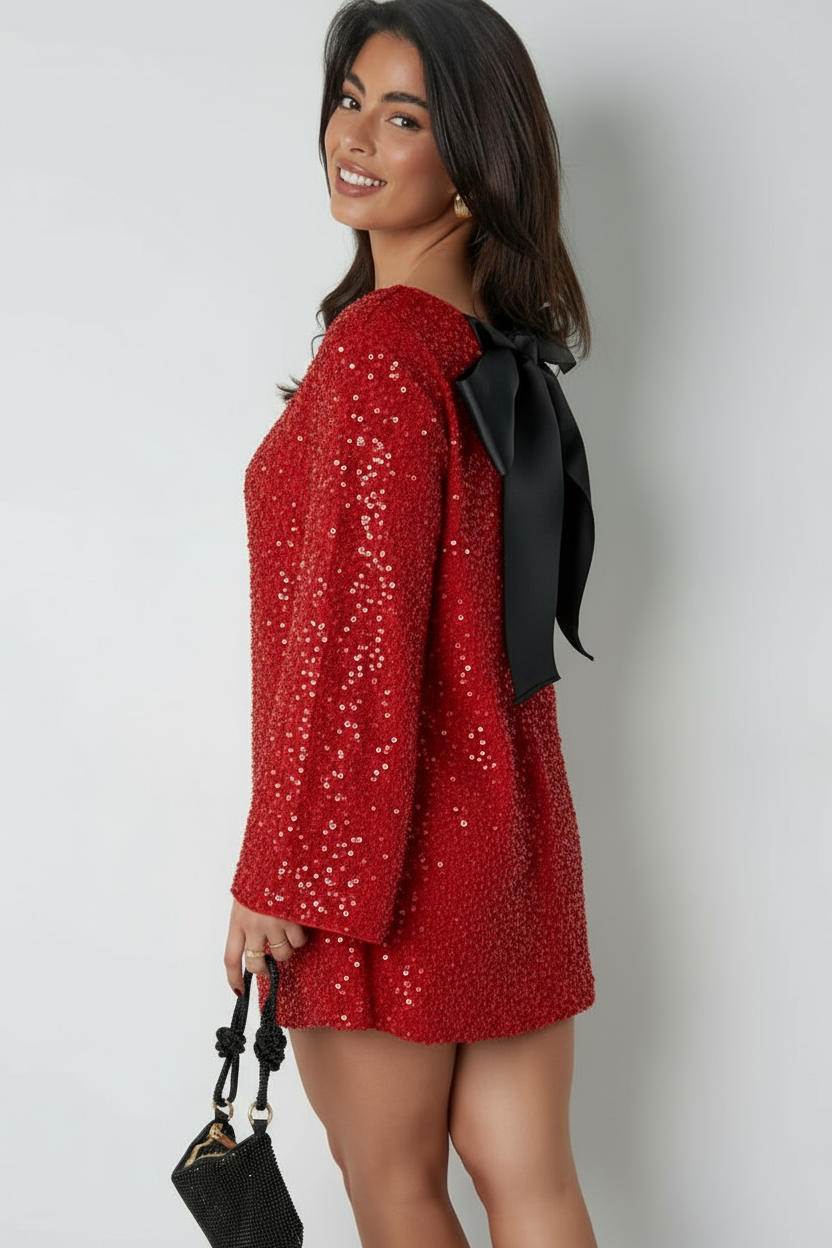 Sequin Mini Dress with Satin Back Bow – Glossy Party Dress