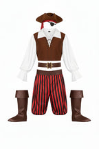 Men's Seven-Piece Pirate Costume with Hat, Eye Patch and Striped Trousers