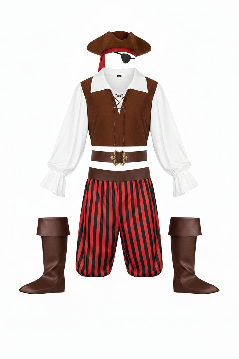 Men's Seven-Piece Pirate Costume with Hat, Eye Patch and Striped Trousers