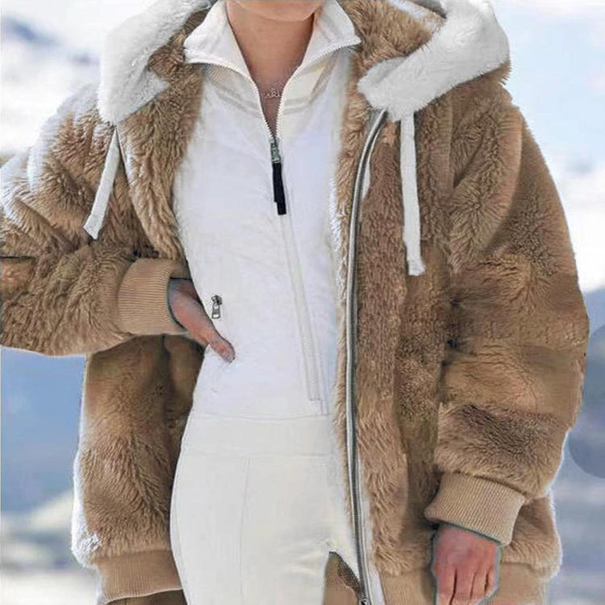 Women's Plush Hooded Winter Jacket – Soft Oversized Zip-Up Layer