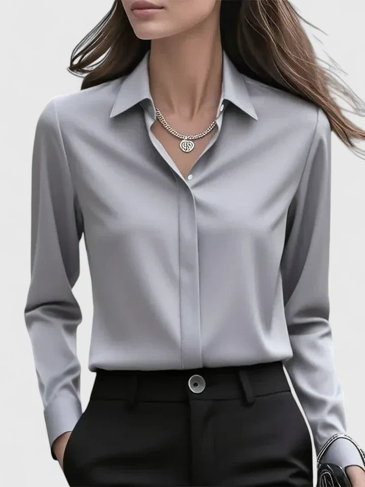 Women's Satin Blouse with Classic Collar and Button Front