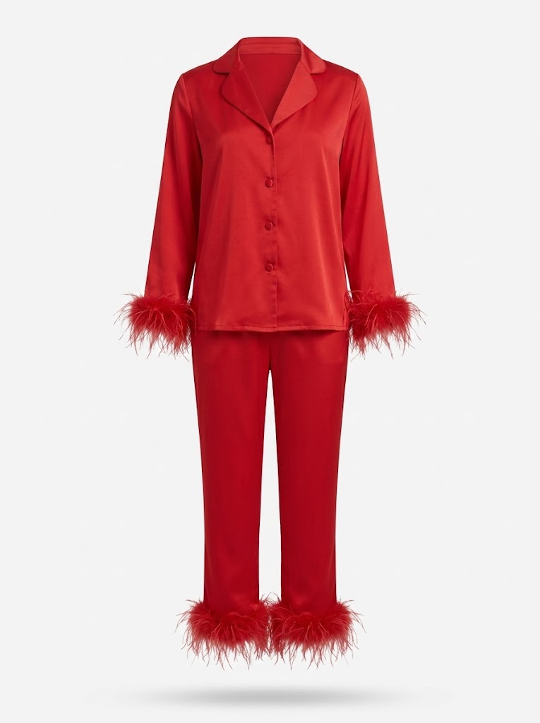 Women's Feather-Trim Trouser Co-Ord Set – Cropped Tie-Front Top