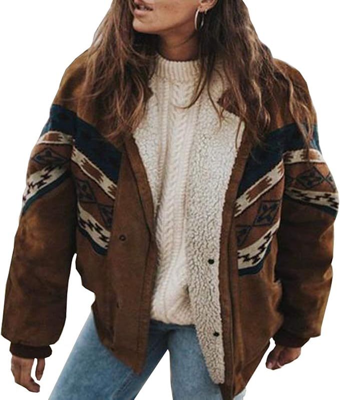 Women's Sherpa-Lined Boho Winter Jacket – Warm Printed Relaxed Layer