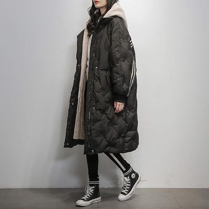 Women's Long Hooded Quilted Winter Coat with Contrast Sleeve Stripes