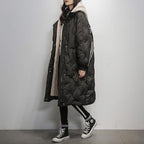 Women's Long Hooded Quilted Winter Coat with Contrast Sleeve Stripes