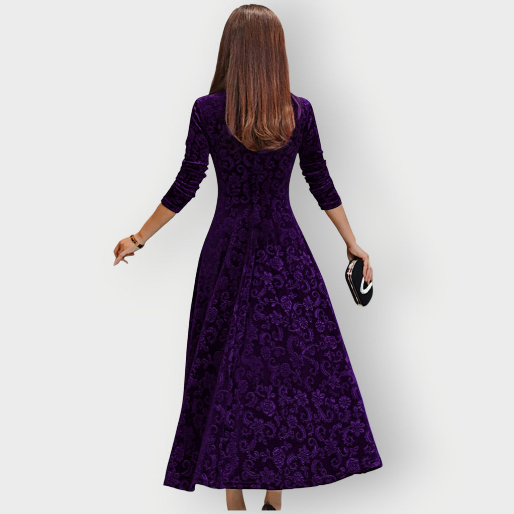 Velvet Jacquard Midi Dress V-Neck Flared | Meave & Ivy