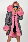 Women's Longline Camouflage Parka with Oversized Faux Fur Hood and Cuffs