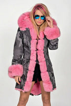 Women's Longline Camouflage Parka with Oversized Faux Fur Hood and Cuffs