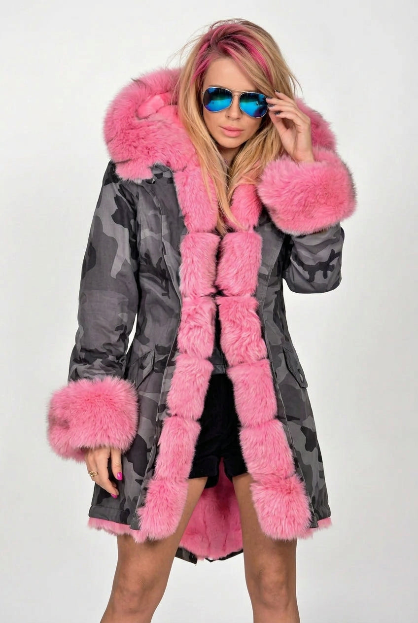 Women's Longline Camouflage Parka with Oversized Faux Fur Hood and Cuffs